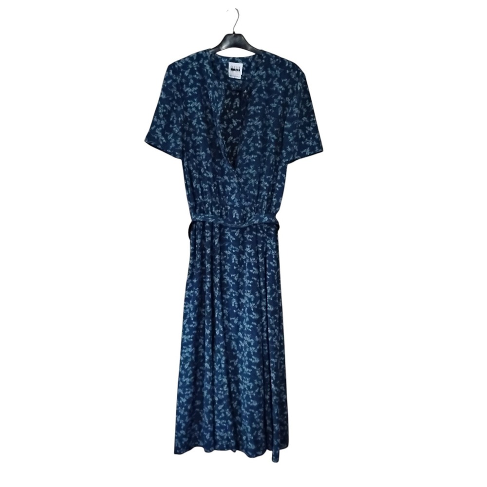 Vintage Leslie Fay Dresses Blue Floral Midi Wrap Dress Short Sleeve Size 12